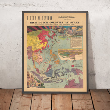 Old Pictorial Map of Japan vs. Dutch East Indies Colonies in World War 2, 1940