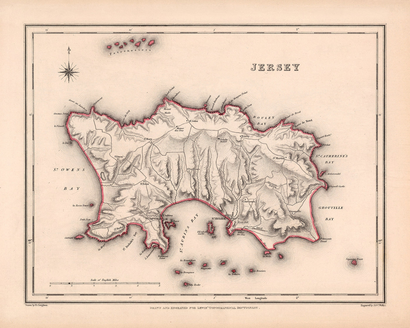 Old Map of Jersey by Samuel Lewis, 1844: St. Helier, St. Brelade, St. Clement, St. John, St. Lawrence