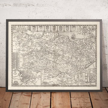 Mappa antica del Kent, 1611 di John Speed - Canterbury, Maidstone, Bromley, Tunbridge, Margate 
