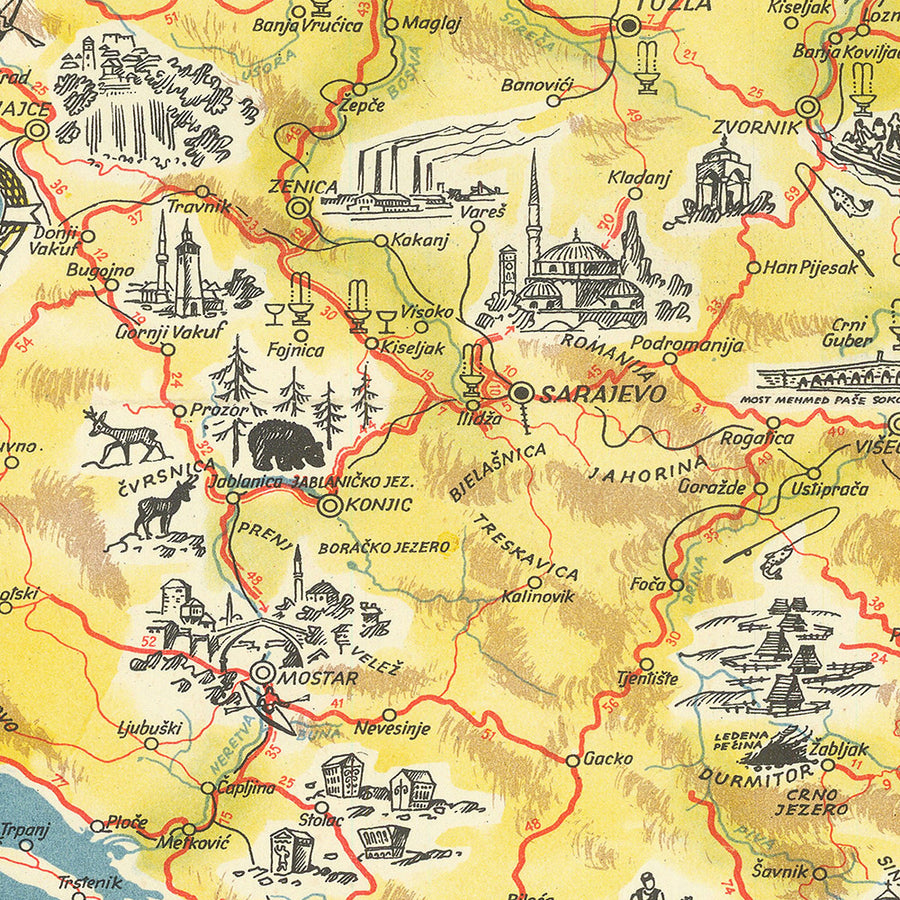 Vecchia mappa pittorica della Jugoslavia di Kopac, 1959: Belgrado, Zagabria, Mare Adriatico, Castelli, Montagne 