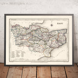 Ancienne carte du Kent par Samuel Lewis, 1844 : Maidstone, Gillingham, Ashford, Royal Tunbridge Wells et Margate 