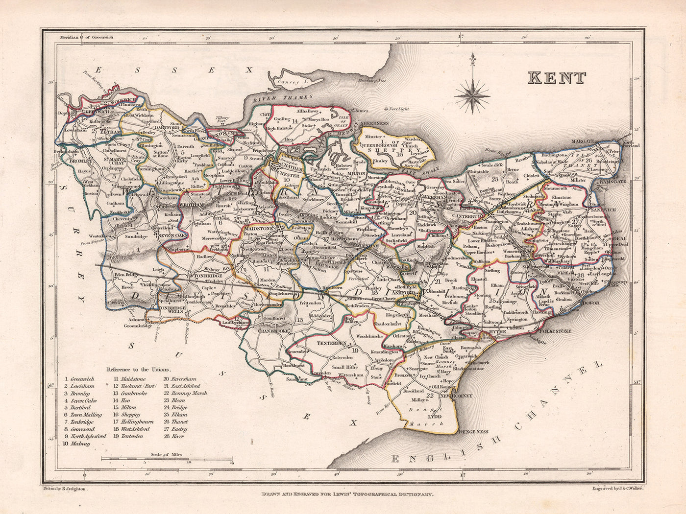 Old Map of Kent by Samuel Lewis, 1844: Maidstone, Gillingham, Ashford, Royal Tunbridge Wells, and Margate