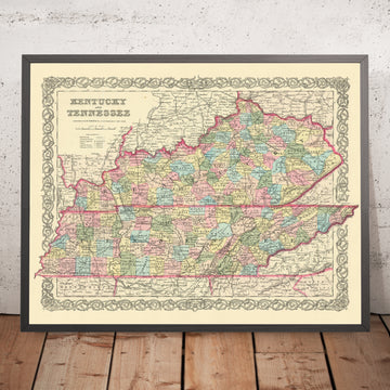 Mappa antica del Kentucky e del Tennessee di J. H. Colton, 1855: Louisville, Lexington, Frankfort, Covington e Bowling Green 