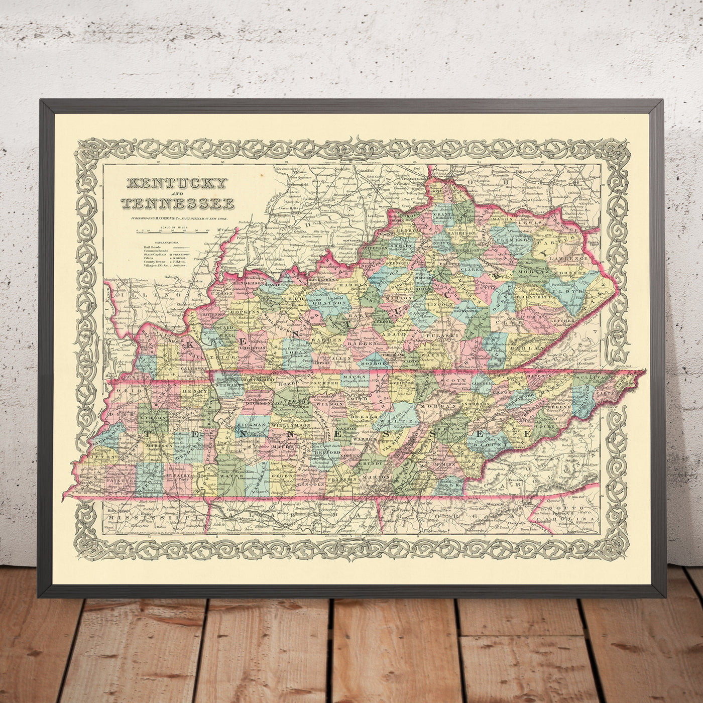 Alte Karte von Kentucky von JH Colton, 1855: Louisville, Lexington, Frankfort, Covington und Bowling Green