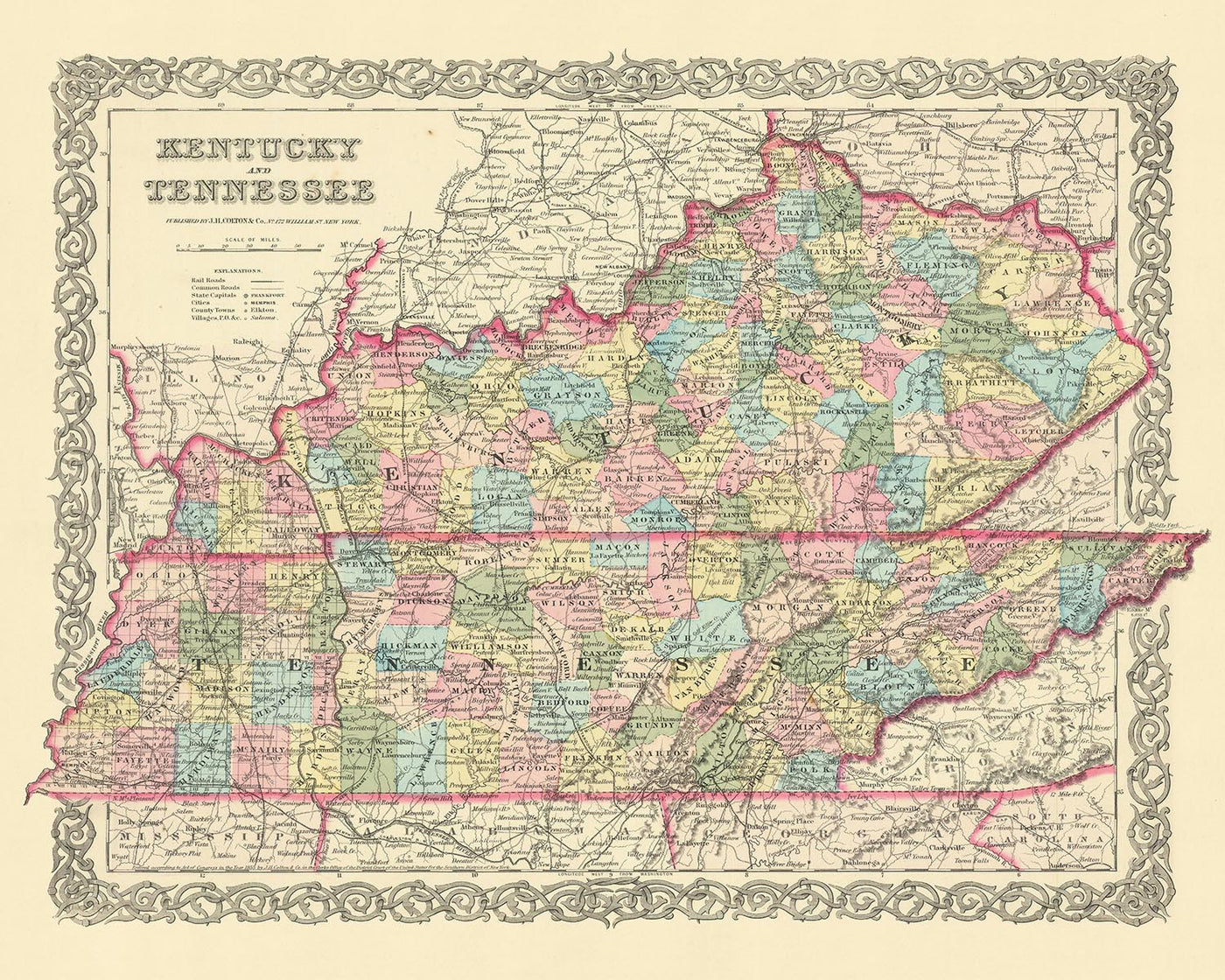 Old map of Kentucky by J. H. Colton, 1855: Louisville, Lexington, Frankfort, Covington, and Bowling Green