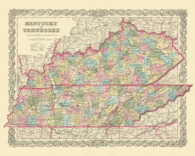 Alte Karte von Kentucky von JH Colton, 1855: Louisville, Lexington, Frankfort, Covington und Bowling Green