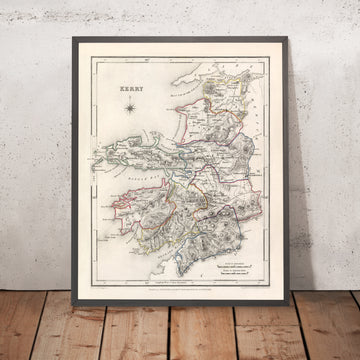 Antica mappa della contea di Kerry di Samuel Lewis, 1844: Tralee, Killarney, Dingle, Kenmare e Listowel 