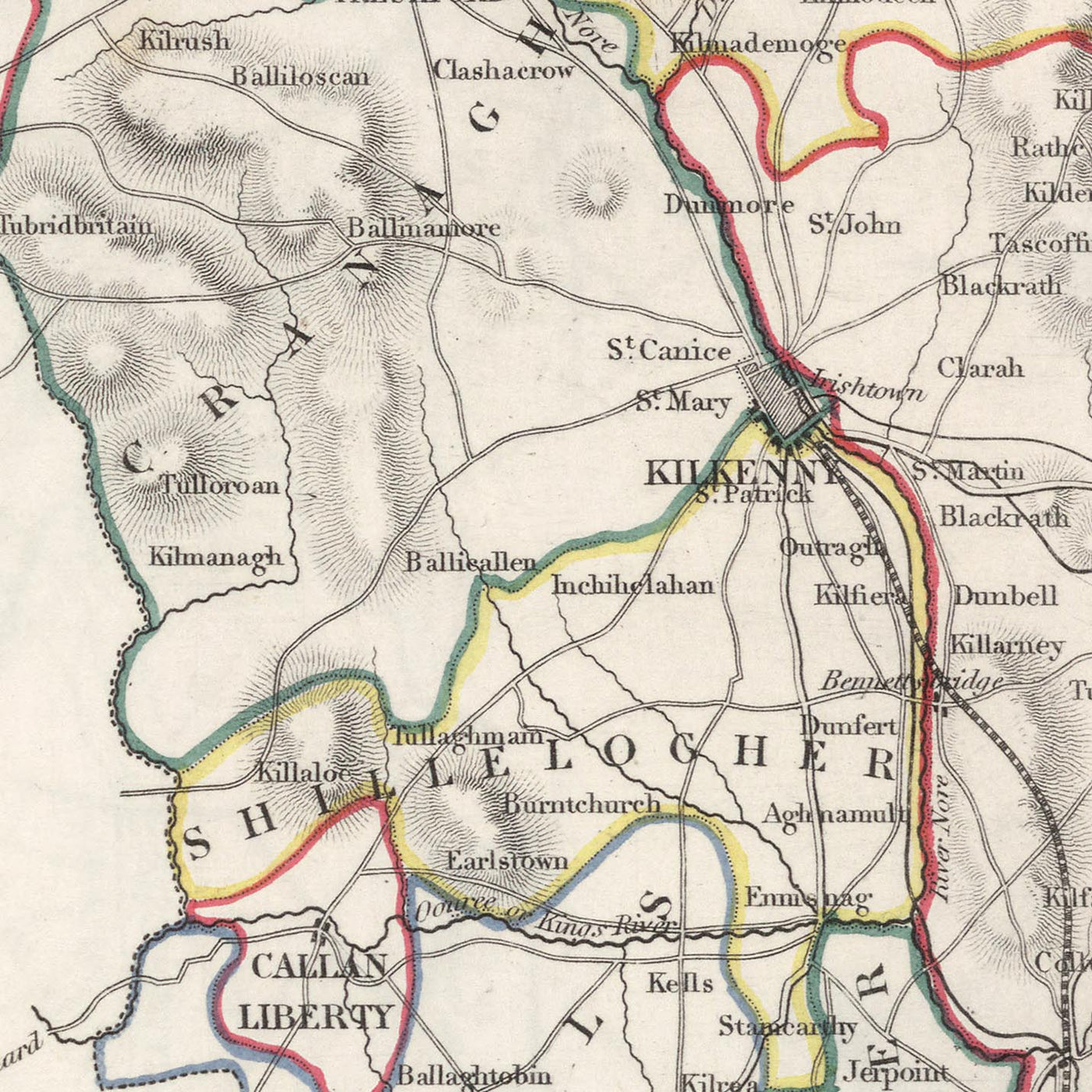Ancienne carte du comté de Kilkenny par Samuel Lewis, 1844 : Thomastown, Callan, Castlecomer, Graiguenamanagh, Jerpoint Abbey