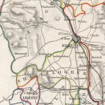 Ancienne carte du comté de Kilkenny par Samuel Lewis, 1844 : Thomastown, Callan, Castlecomer, Graiguenamanagh, Jerpoint Abbey