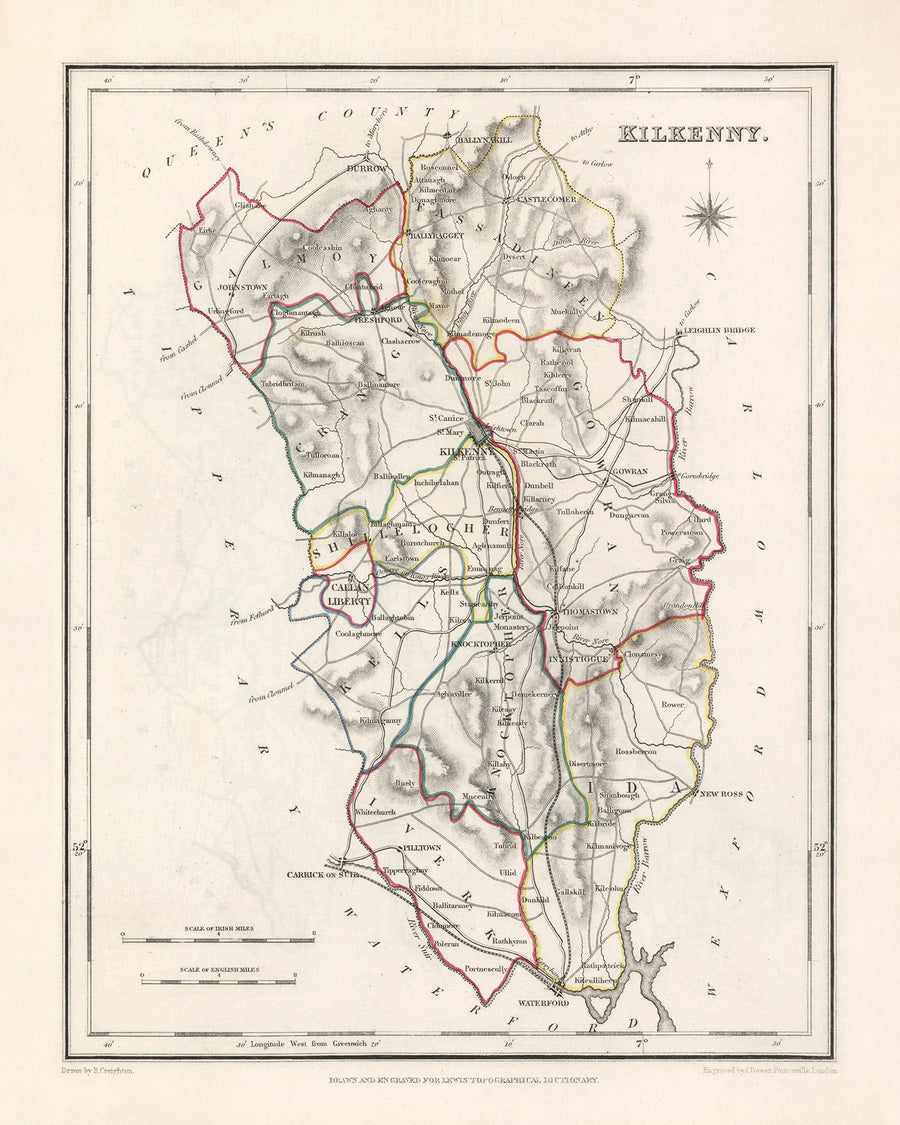 Mappa antica della contea di Kilkenny di Samuel Lewis, 1844: Thomastown, Callan, Castlecomer, Graiguenamanagh, Abbazia di Jerpoint 