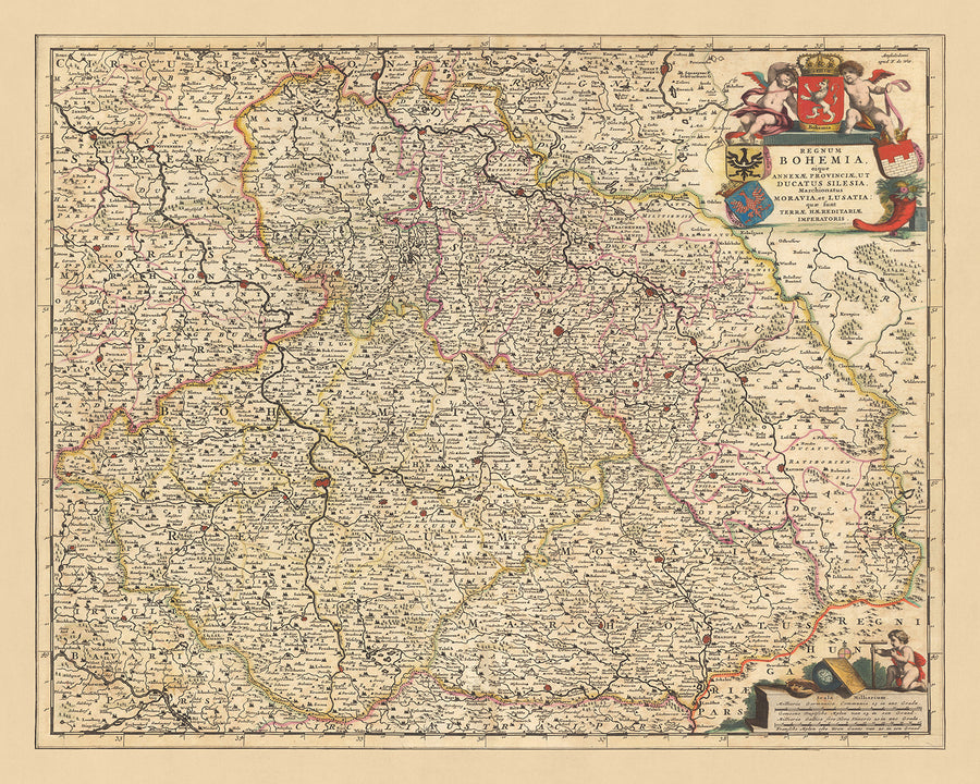 Mappa antica del Regno di Boemia di Visscher, 1690: Praga, Brno, Ostrava, Wroclaw, Poznań 