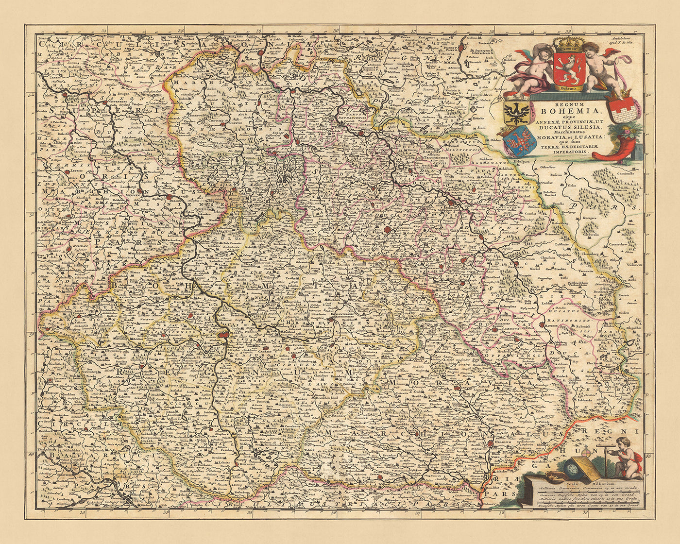 Old Map of Kingdom of Bohemia by Visscher, 1690: Prague, Brno, Ostrava, Wroclaw, Poznań