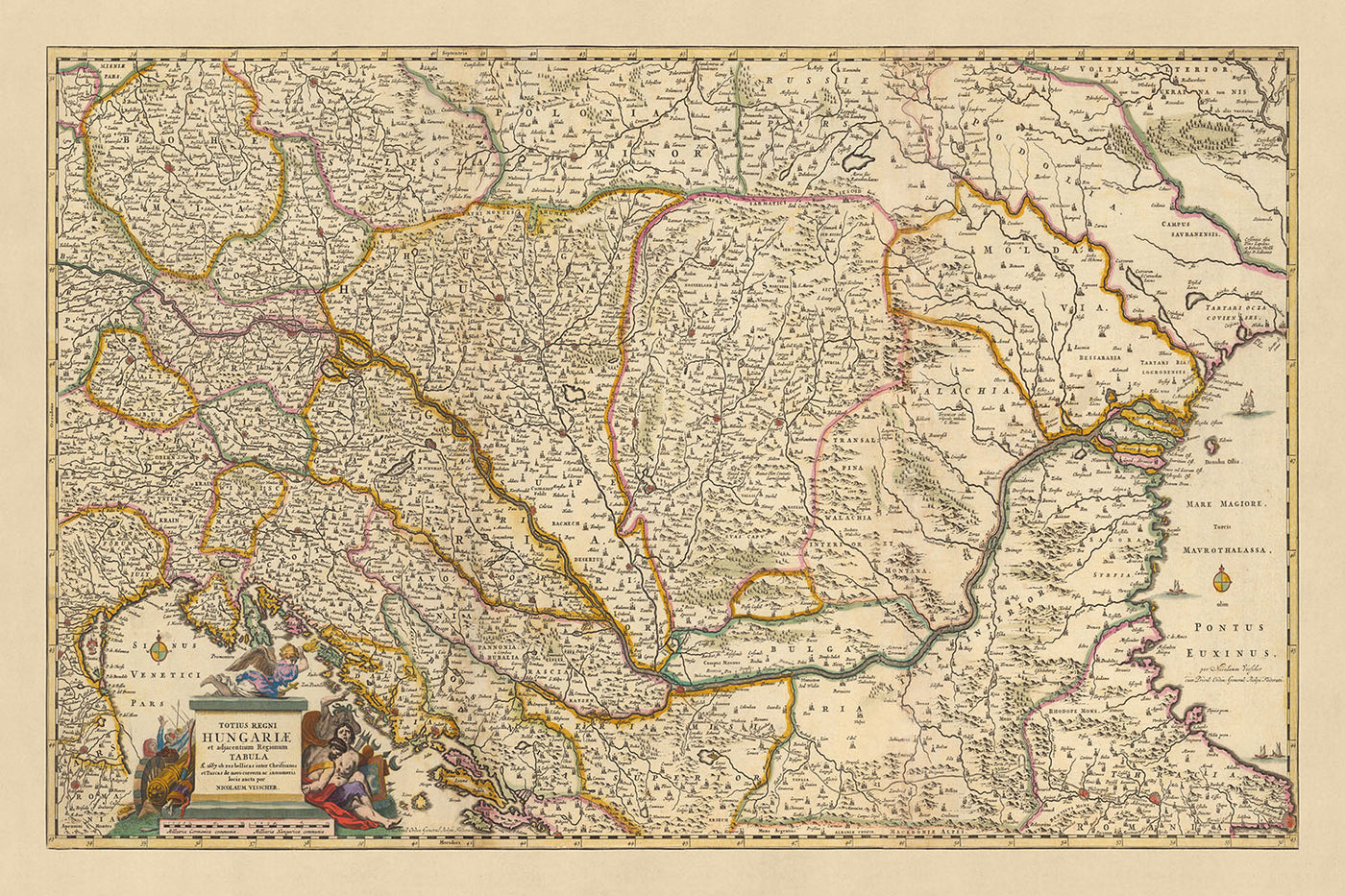 Old Map of Kingdom of Hungary by Visscher, 1690: Budapest, Vienna, Zagreb, Bucharest, Bratislava
