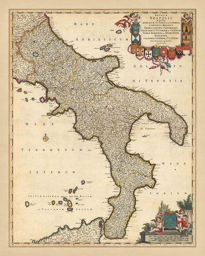 Old Map of the Kingdom of Naples, Italy by Visscher, 1690: Naples, Bari, Messina, Salerno, Parco Nazionale del Gargano