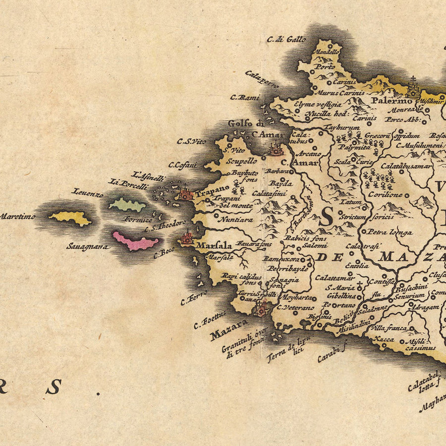 Mappa antica del Regno di Sicilia di Visscher, 1690: Palermo, Catania, Tunisi, Malta, Parco dell&