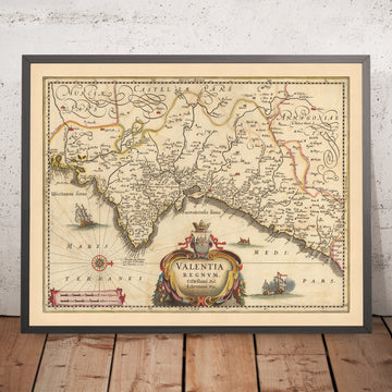Ancienne carte du Royaume de Valence, Espagne par Visscher, 1690 : Murcie, Valence, Alicante, Dénia, Castellón de la Plana