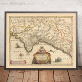 Mapa antiguo del Reino de Valencia, España de Visscher, 1690: Murcia, Valencia, Alicante, Dénia, Castellón de la Plana