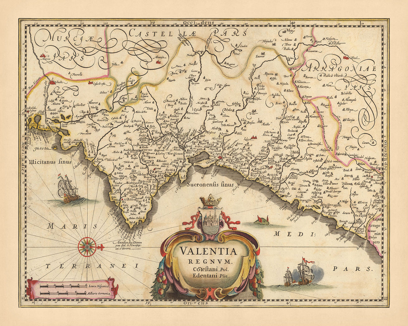 Old Map of the Kingdom of Valencia, Spain by Visscher, 1690: Murcia, Valencia, Alicante, Dénia, Castellón de la Plana