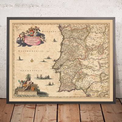 Old Map of the Kingdoms of Portugal & Algarve by Visscher, 1690: Lisbon, Porto, Seville, Salamanca, Serra da Estrela