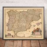 Alte Karte der Königreiche Spanien und Portugal von Visscher, 1690: Madrid, Lissabon, Barcelona, Gibraltar, Porto 