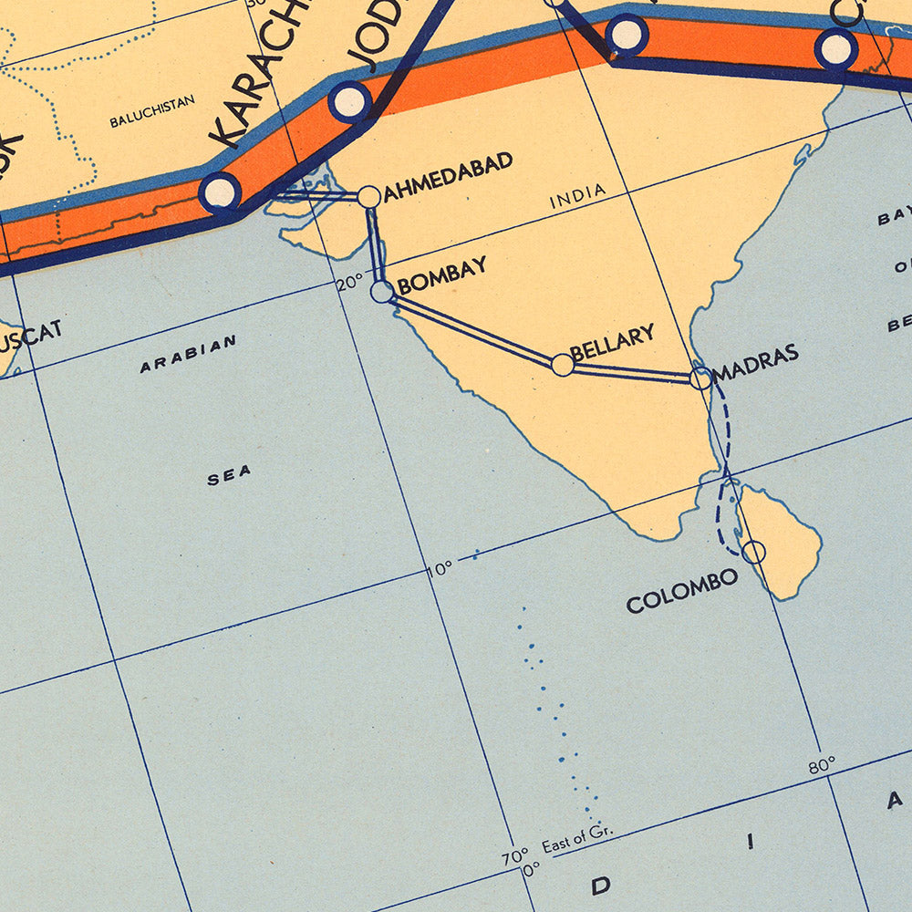 Mapa antiguo de la ruta de KLM de Ámsterdam a Batavia, 1934: rutas aéreas, servicio dos veces por semana, diseño gráfico