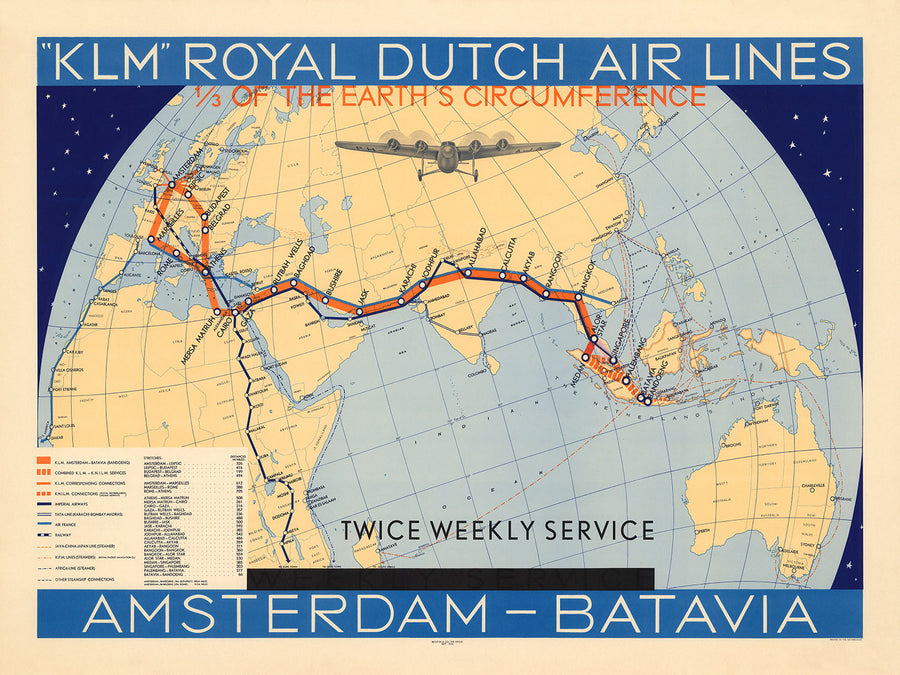 Mappa KLM antica di Amsterdam a Batavia (Giakarta), 1934: Rotte aeree, servizio bisettimanale 