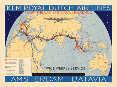 Ancienne carte de KLM Amsterdam-Batavia, 1934 : itinéraires des compagnies aériennes, service deux fois par semaine, conception picturale