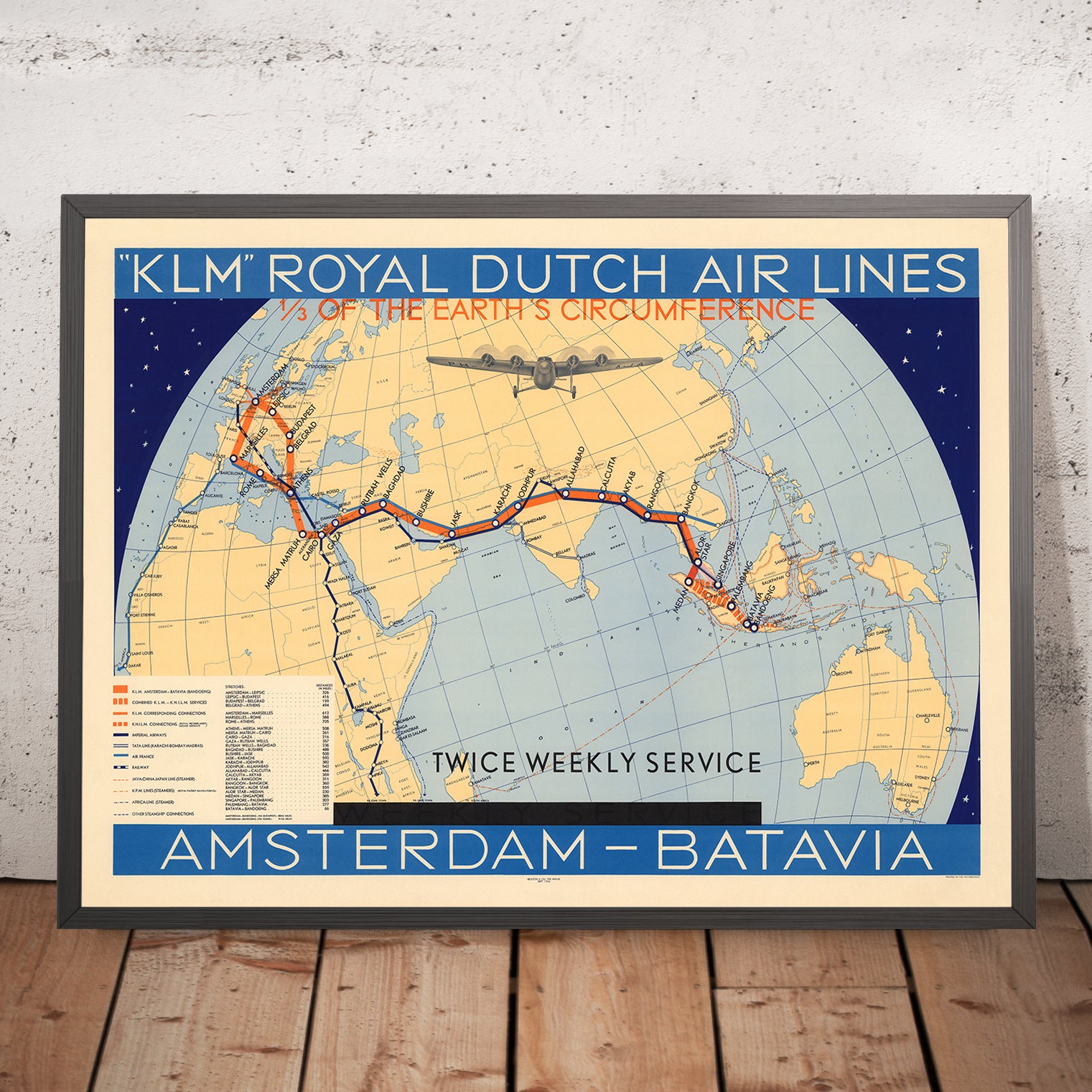 Old KLM Map of Amsterdam to Batavia (Jakarta), 1934: Airline Routes, T ...