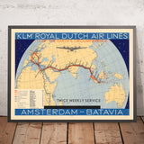 Old KLM Map of Amsterdam to Batavia (Jakarta), 1934: Airline Routes, Twice Weekly Service