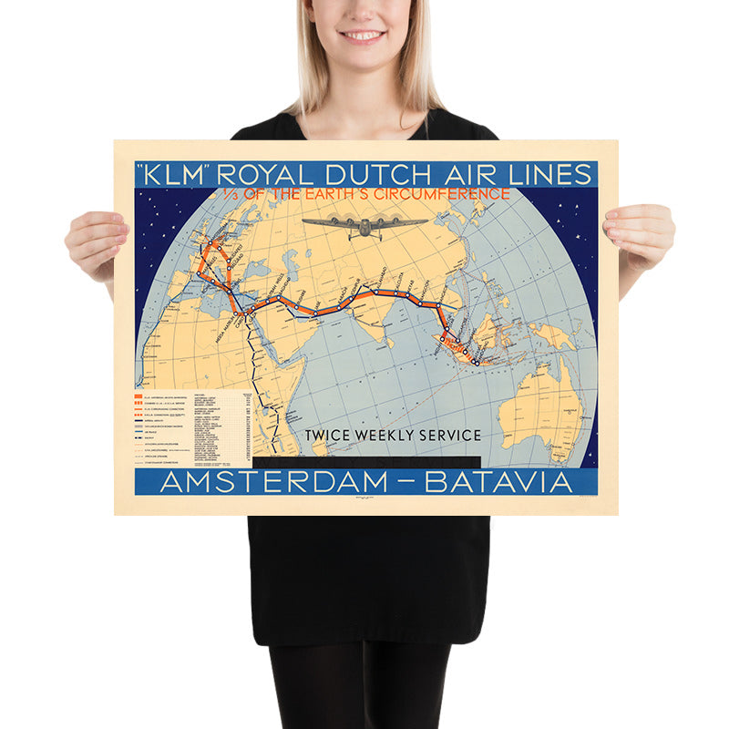 Old KLM Map of Amsterdam to Batavia (Jakarta), 1934: Airline Routes, Twice Weekly Service