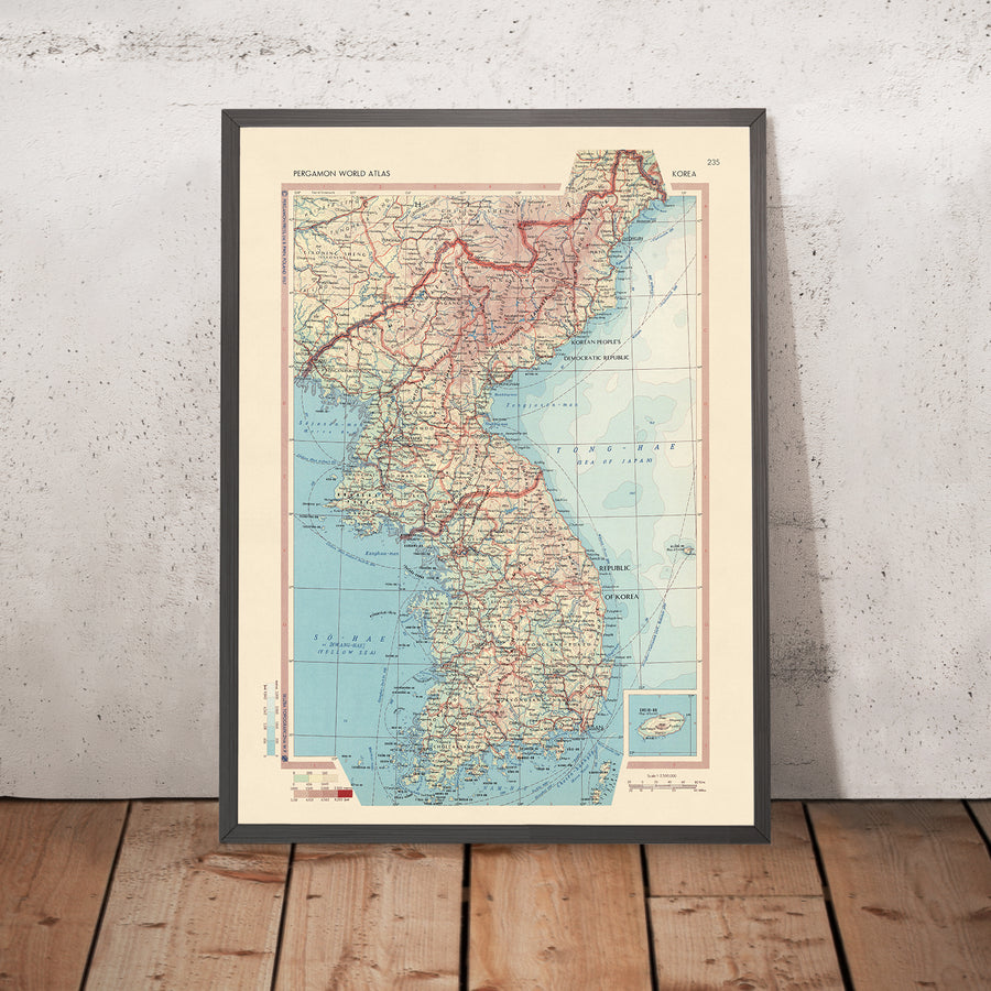 Mappa antica della Corea del Nord e del Sud, 1967: Seul, Busan, Isola di Jeju, Guerra di Corea, Monti Taebaek 
