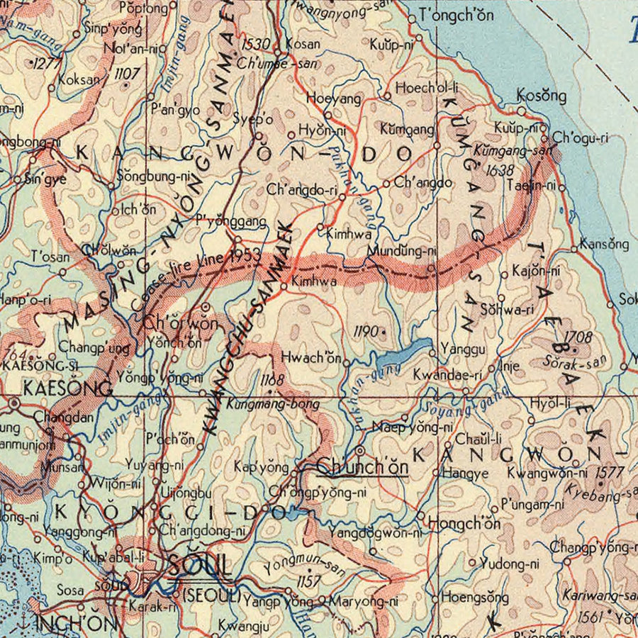 Mappa antica della Corea del Nord e del Sud, 1967: Seul, Busan, Isola di Jeju, Guerra di Corea, Monti Taebaek 