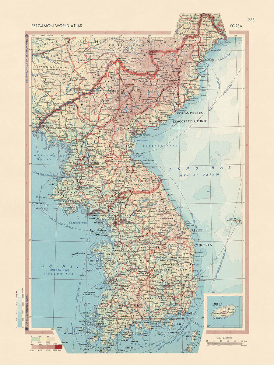 Mappa antica della Corea del Nord e del Sud, 1967: Seul, Busan, Isola di Jeju, Guerra di Corea, Monti Taebaek 