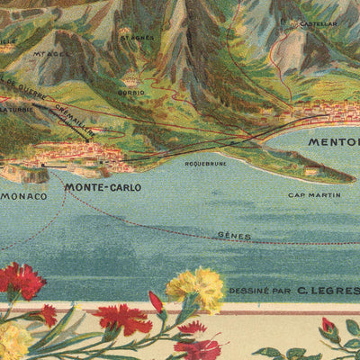 Old Birdseye Map of Côte d’Azur by Legresle, 1925: Nice, Cannes, Monaco, Antibes, Toulon