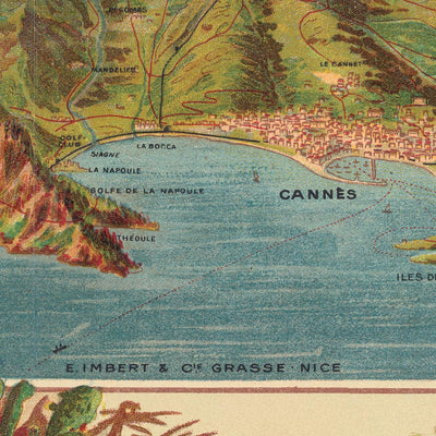 Old Birdseye Map of Côte d’Azur by Legresle, 1925: Nice, Cannes, Monaco, Antibes, Toulon