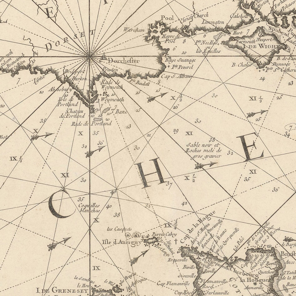 Ancienne carte navale de la Manche par Bellin, 1763 : Manche, Londres, Paris, île de Wight, phare d'Eddystone