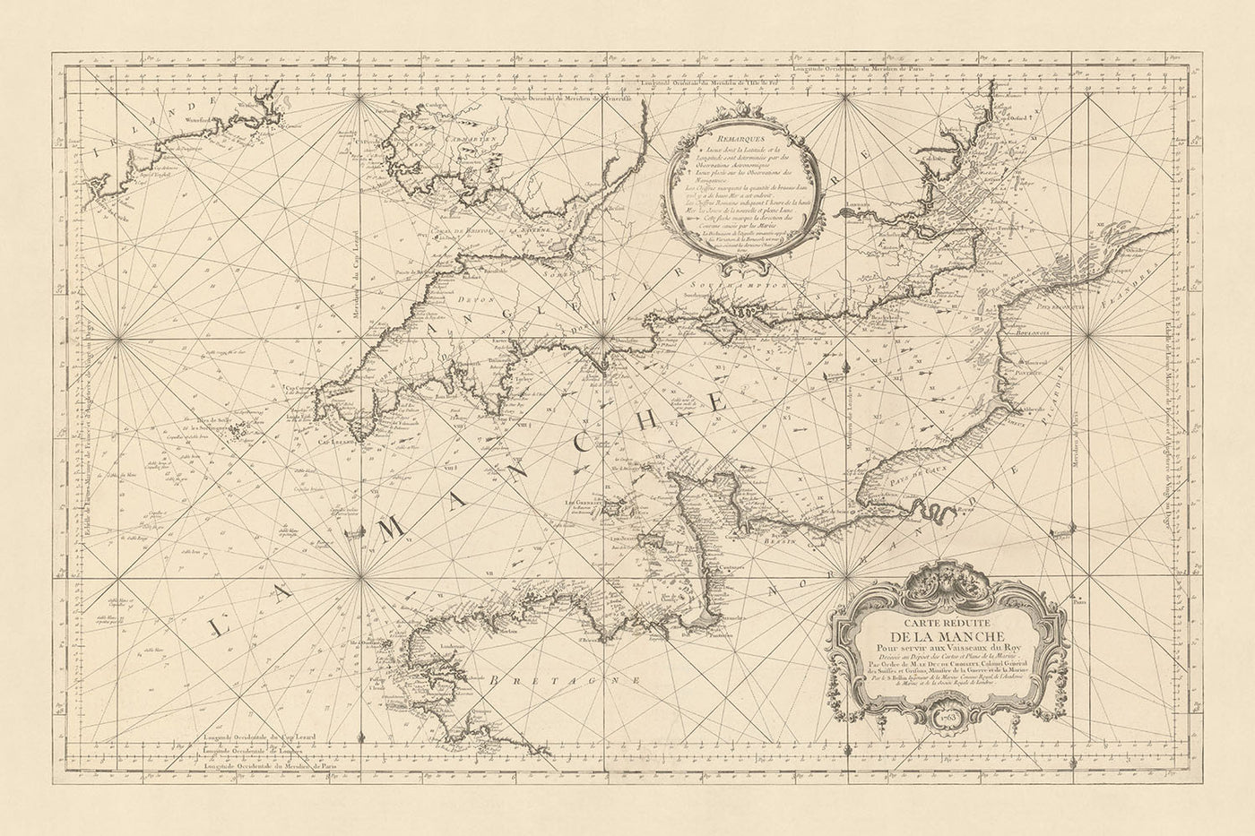 Ancienne carte navale de la Manche par Bellin, 1763 : Manche, Londres, Paris, île de Wight, phare d'Eddystone