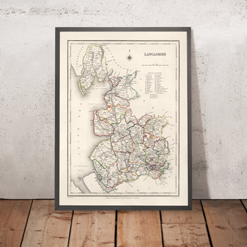Antica mappa del Lancashire di Samuel Lewis, 1844: Manchester, Liverpool, Preston, Blackburn e Oldham 