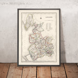 Ancienne carte du Lancashire par Samuel Lewis, 1844 : Manchester, Liverpool, Preston, Blackburn et Oldham 