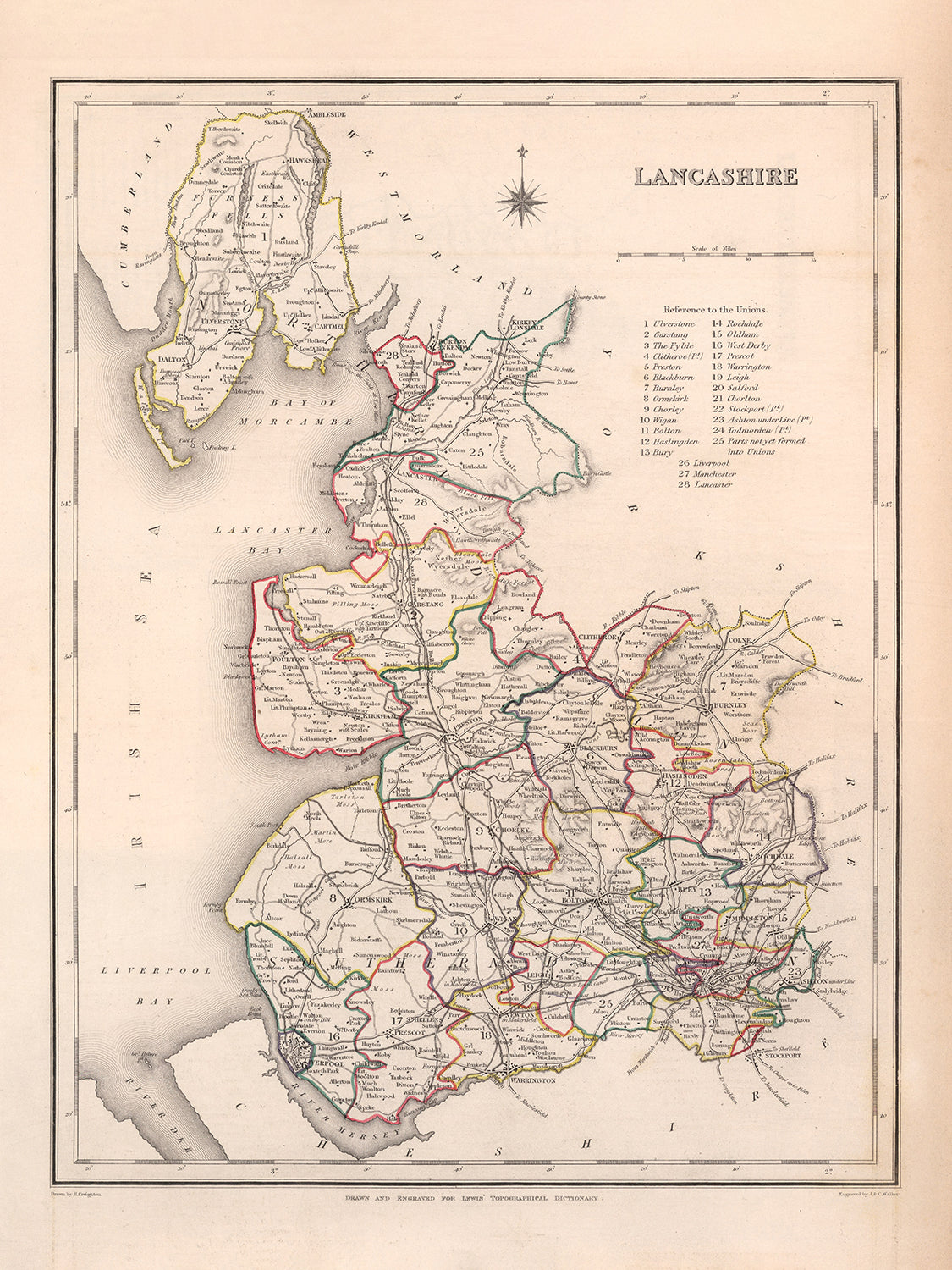 Old Map of Lancashire by Samuel Lewis, 1844: Manchester, Liverpool, Preston, Blackburn, and Oldham