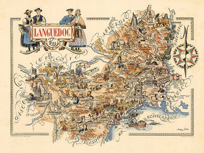 Mapa antiguo de Languedoc, Francia, de Jacques Liozu en 1951: Carcassone, Montpellier, Nimes, Albi, ilustraciones pictóricas