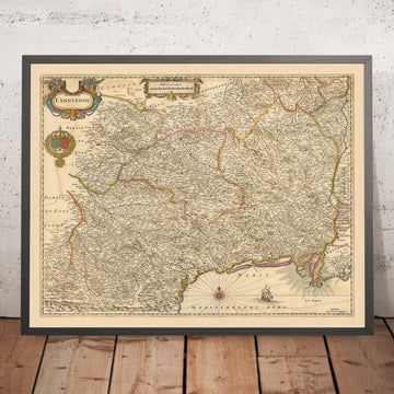 Ancienne carte du Languedoc, France par Visscher, 1690 : Toulouse, Montpellier, Perpignan, Avignon, Parc national des Cévennes 