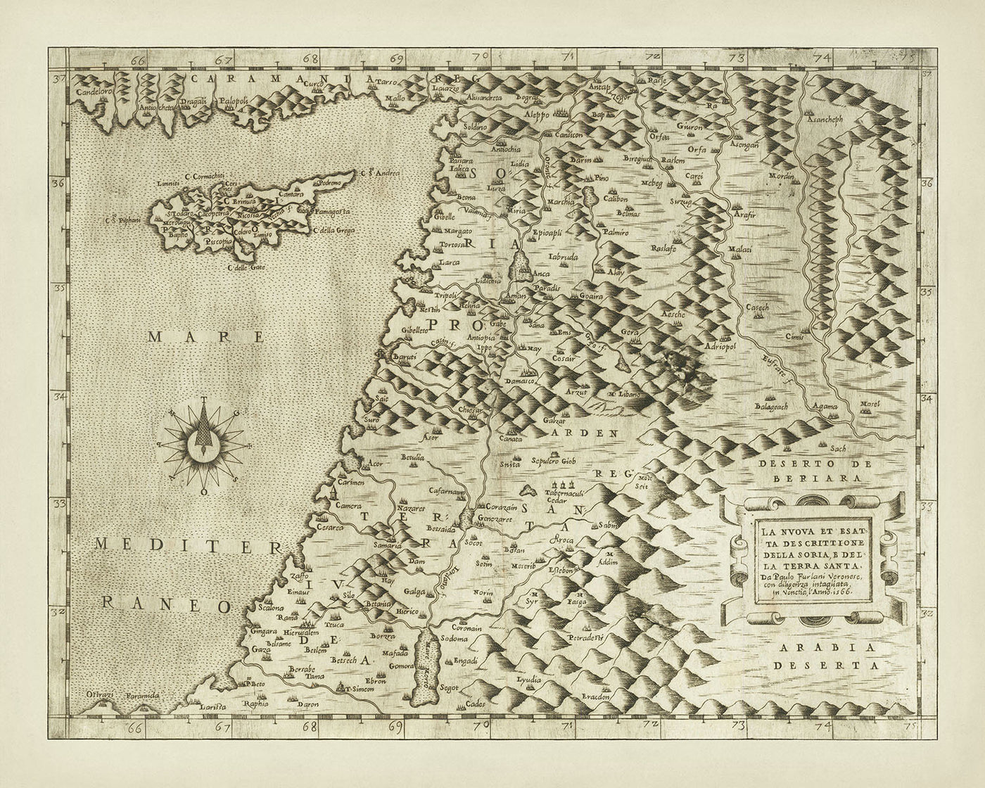 Ancienne carte rare de la Terre Sainte par Forlani, 1566 : Jérusalem, Damas, Alep, la mer Morte, Chypre