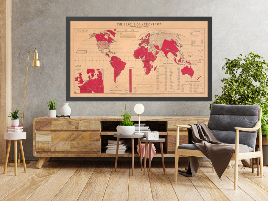 Alte Weltkarte des Völkerbundes von Martin, 1927: Goode-Homolosine-Projektion, Globale Politik 