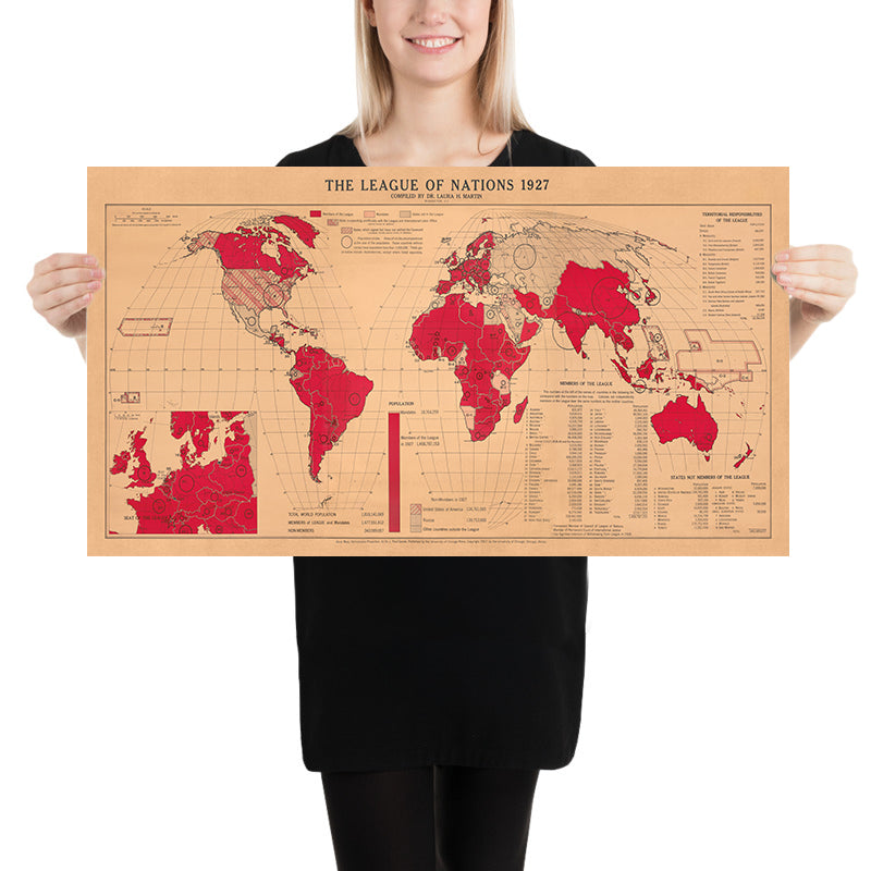 Alte Weltkarte des Völkerbundes von Martin, 1927: Goode-Homolosine-Projektion, Globale Politik 