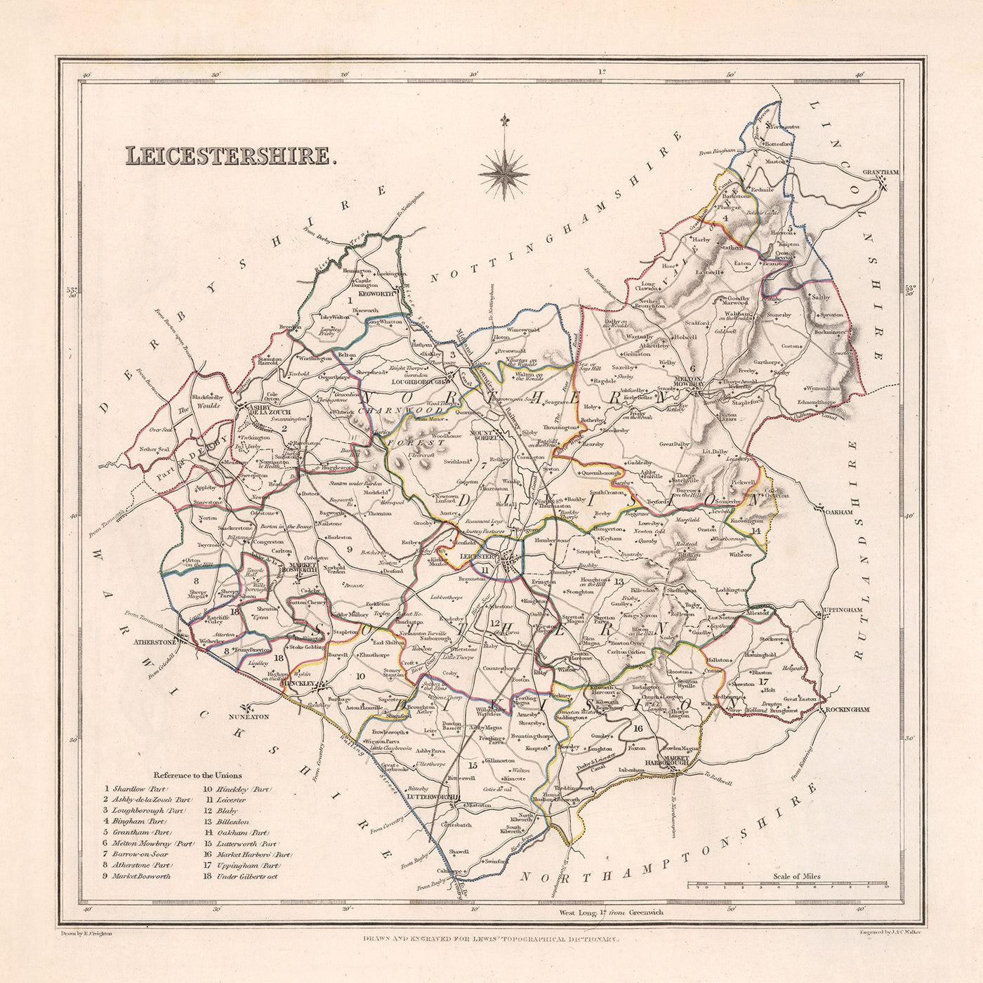 Alte Karte von Leicestershire von Samuel Lewis, 1844: Leicester, Melton Mowbray, Loughborough, Hinckley, Ashby-de-la-Zouch