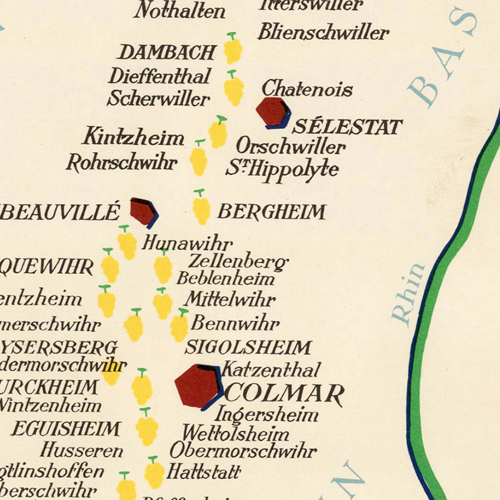 Old Wine Map of Alsace by Hetreau, 1954: Strasbourg, Colmar, Wine Regions