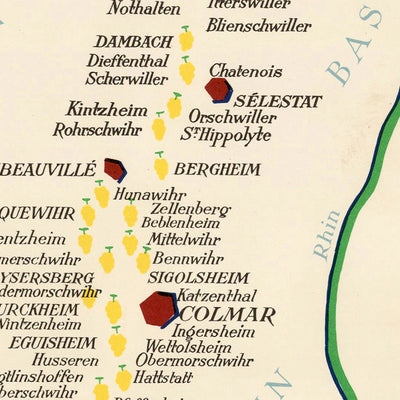 Mapa pictórico antiguo de Alsacia de Hetreau, 1954: Estrasburgo, Colmar, regiones vinícolas, rosa de los vientos, castillo