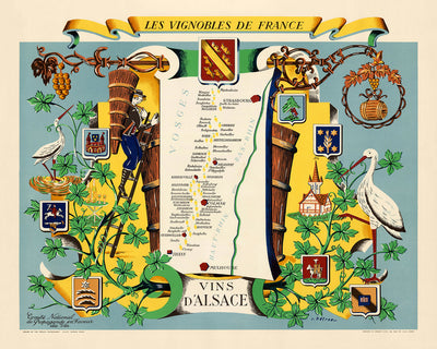 Old Wine Map of Alsace by Hetreau, 1954: Strasbourg, Colmar, Wine Regions