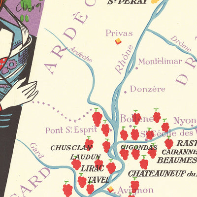 Mapa ilustrado antiguo de la región de la Costa del Ródano realizado por Hetreau en 1954: Lyon, Aviñón, río Ródano, viñedos y castillos